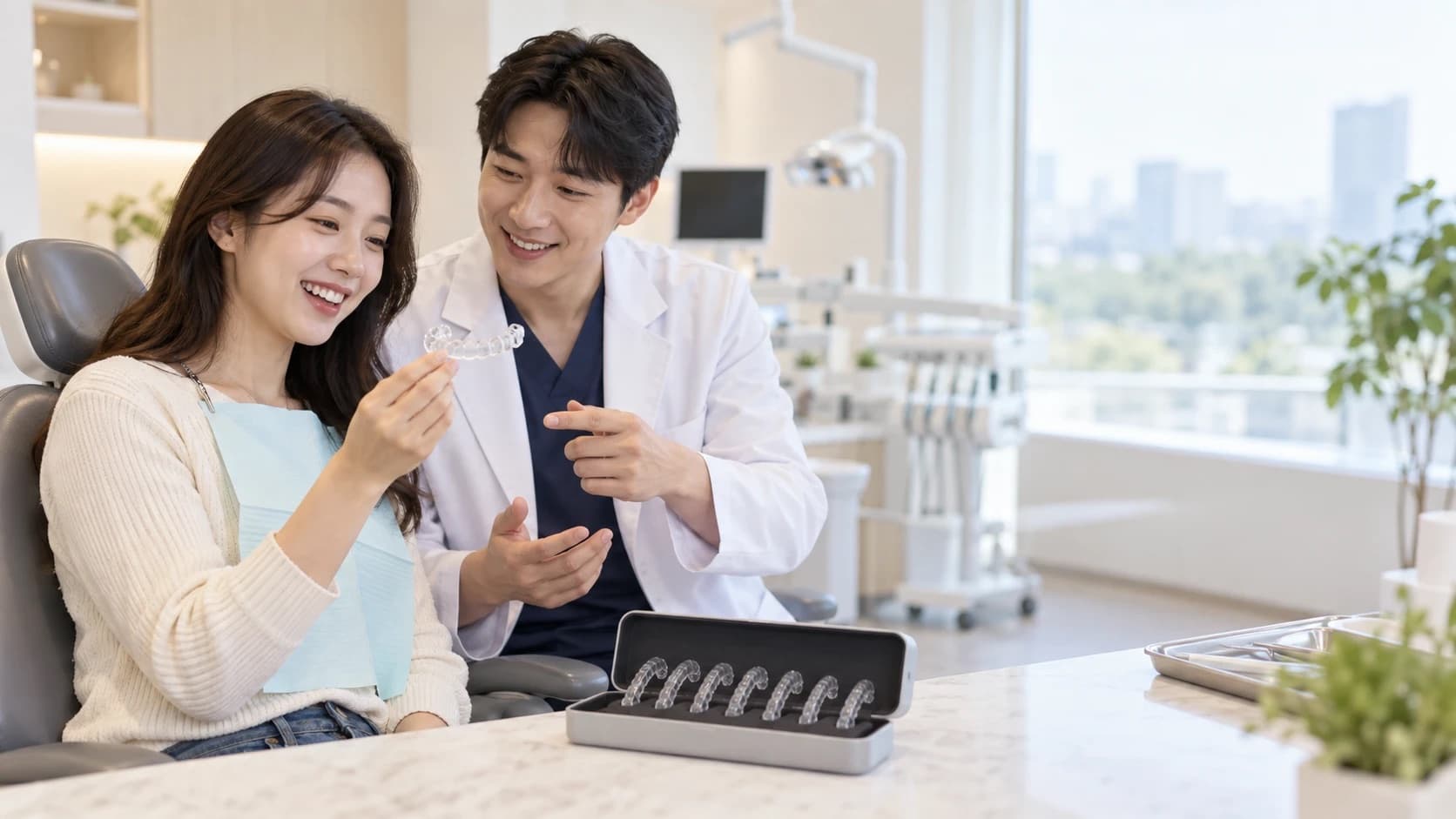 An orthodontic patient and a dentist reviewing a treatment timeline on screen at a dental clinic in Uijeongbu.